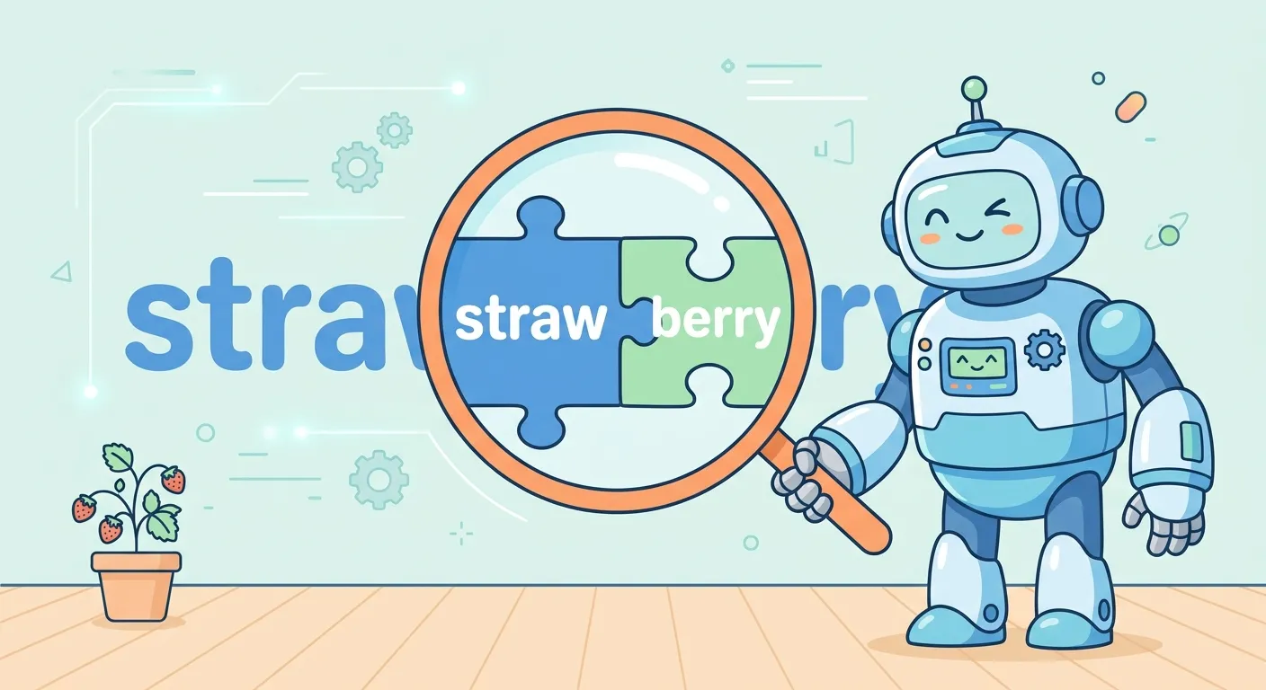A friendly robot holds a magnifying glass over the word "strawberry," which is split into two jigsaw pieces reading "straw" and "berry" — illustrating how a tokenizer breaks the word into chunks rather than letters.