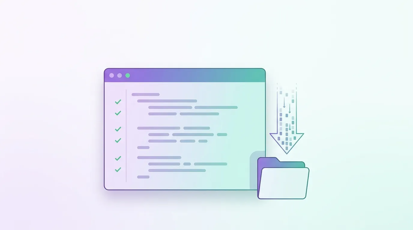 Flat vector illustration of a code editor window with passing-test checkmarks beside lines of code, next to a stream of data packets flowing down into a folder, in Supabase-green and purple-teal tones — representing automated download-flow tests for a Kotlin library.