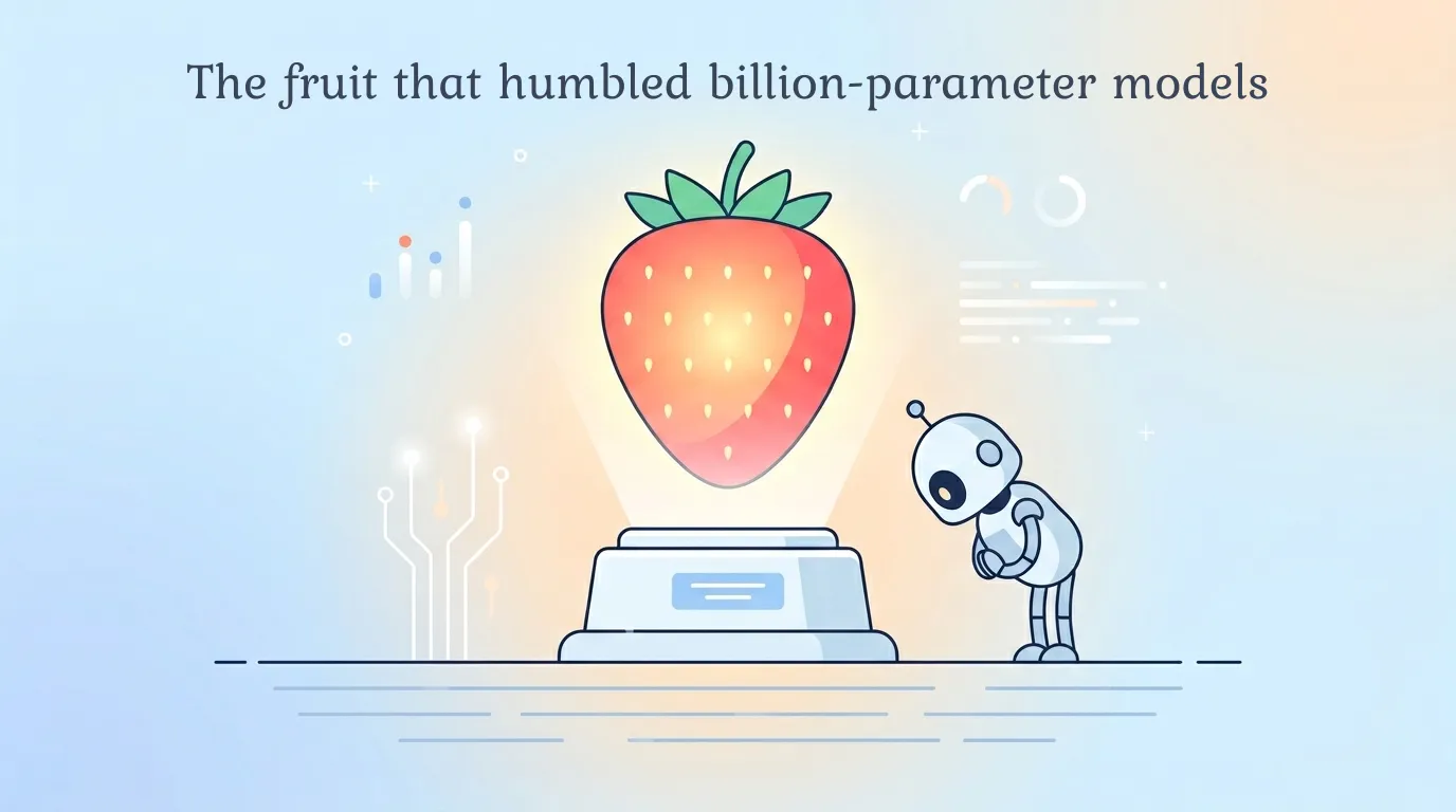 A small robot gazes up at an oversized glowing strawberry, under the caption "The fruit that humbled billion-parameter models."